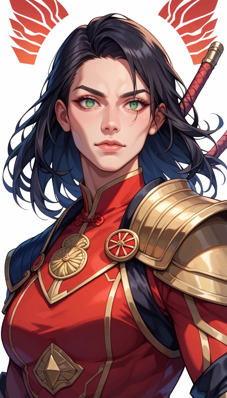 1 girl, heroine, handsome, splashed ink, Chinese armor, (upper body), black hair, floating hair, delicate eyes, black and green antique damask Hanfu, fov, (f1.8), (masterpiece), (portrait shot), front shot, white background, (movie poster), weapon