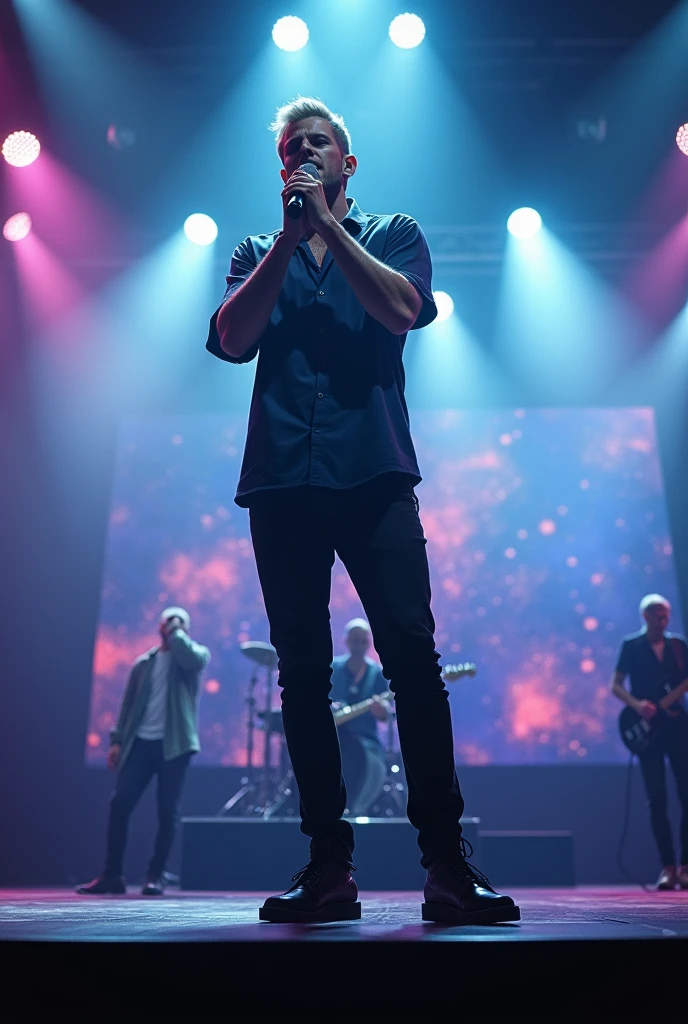 Coldplay style alternative rock singer live with short sleeve shirt and black shoes 