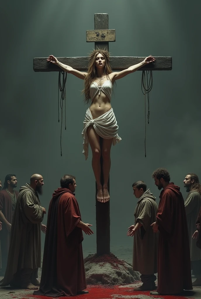 1 girl, realisitic, Raw photo, japanaese girl, (fullnude:1.9), (Beautiful and cute face:1.4), 18year old, bobhair, Black hair、(Crucifixion in the desert:1.8), (Tie your arms and legs to the cross with barbed wire:1.5)、 mid night、Moonlight