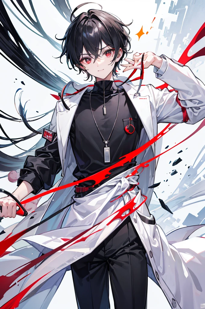 Highest quality, 16K, masterpiece :1.3 Ultra-high resolution No abnormalities in detail Detailed face boy Male neutral cool Small stature Black hair that reaches down to the eyes Black and red odd eyes Detailed Eyes Wearing a doctor's lab coat Black shirt A red jewel necklace around the neck Looking at me A relaxed smile Detailed face No background Burning sleeves of a white coat Soft Eyes Cool vibe Black trousers Tree Eyes Occupation: Doctor whole body low length