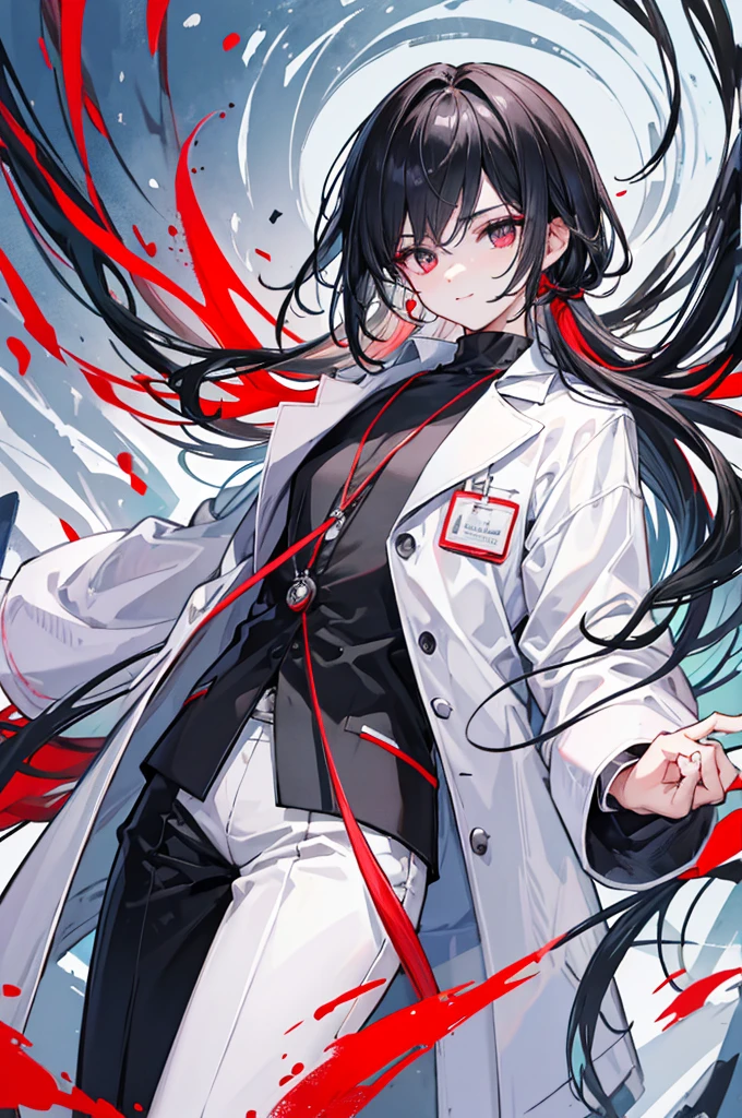 Modern architecture, red eyes, black hair, bangs, cold eyes, lab coat, sides, long straight hair, fear, splashed blood, murderer, skyscraper, backlight, starry sky