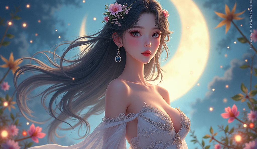 a beautiful anime girl, long flowing hair, detailed facial features, delicate porcelain skin, beautiful big breast, elegant posture, detailed dress, ornate moon in the background, detailed fantasy landscape, dramatic lighting, cinematic composition, vibrant colors, digital art, highly detailed, intricate details, masterpiece, photorealistic, 8k