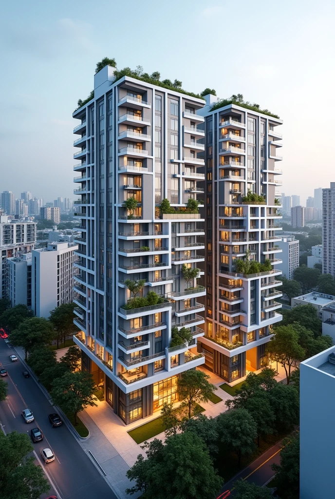 Two high-density residential buildings with shared outdoor areas and balconies in an urban residential area with more floors. The building with a stepped shape. 