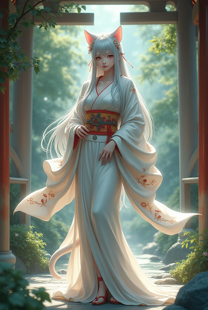 Cat ear、Shrine maiden、kimono、Her hair is long and silver.、