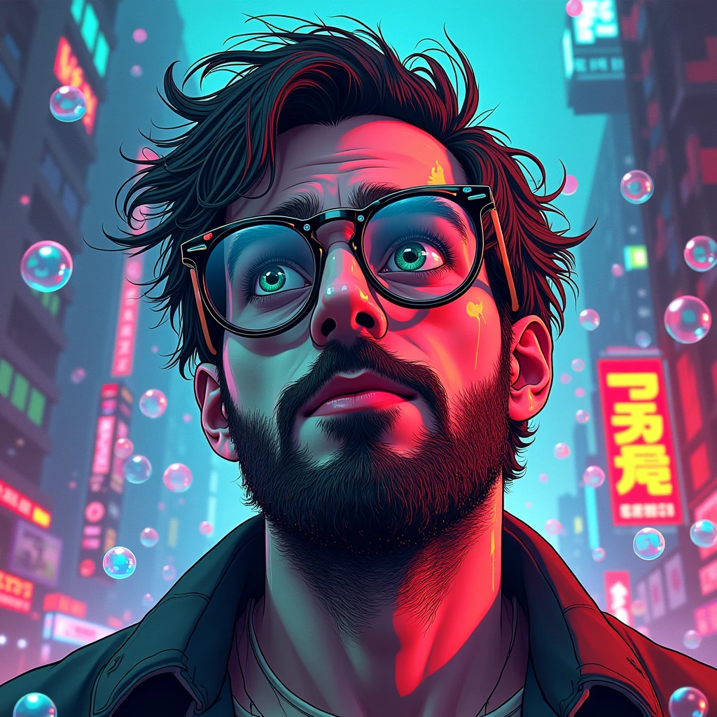 Style Snthwve Nvinkpunk Drunk Man with Glasses, Cute short beard as Sandman delirium, (hallucinating colorful soap bubbles), por jeremy mann, por sandra chevrier, por dave mckean e richard avedon e maciej kuciara, punk rock, tank girl, alto detalhado, 4k, RTX