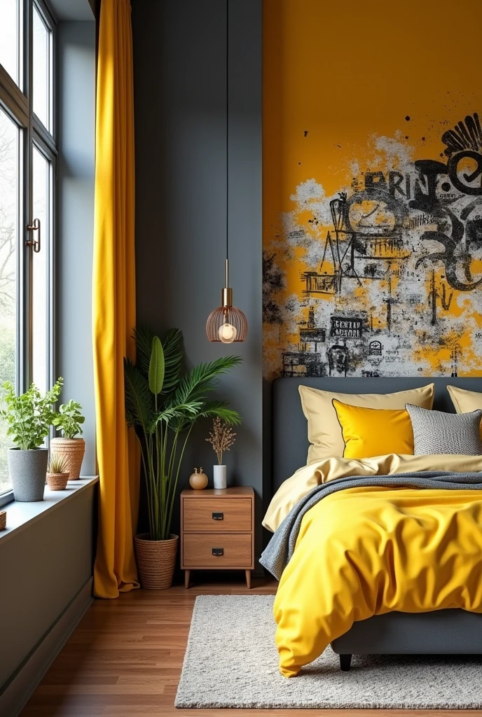 To create a house in a modern young professional style, with yellow and gray colors, colorful graffiti on the wall, and references to travel, and a gray and yellow bed
