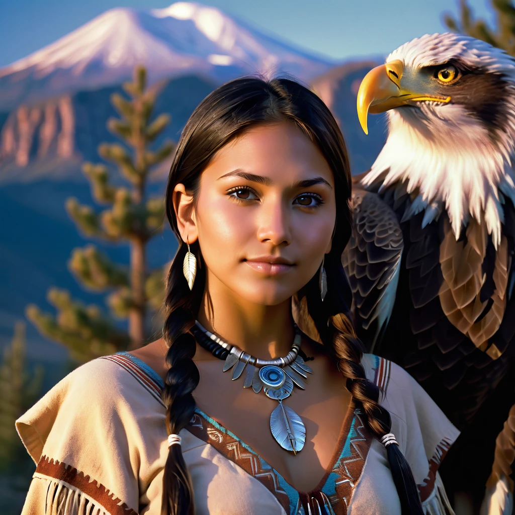 (grainy:0.5), cinematic, beautiful girls 25 year old native american,fantasy,(solo:1.3), detailed brown eyes, detailed face, detailed native american sexy clothing, volumetric lighting, dusk, extremely detailed background, standing next to tree and mountain, smiling, half closed brown eyes, tilted head, from side, sitting next to her Bald Eagle