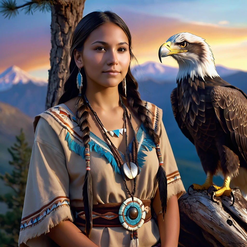 (grainy:0.5), cinematic, beautiful girls 25 year old native american,fantasy,(solo:1.3), detailed brown eyes, detailed face, detailed native american sexy clothing, volumetric lighting, dusk, extremely detailed background, standing next to tree and mountain, smiling, half closed brown eyes, tilted head, from side, sitting next to her Bald Eagle
