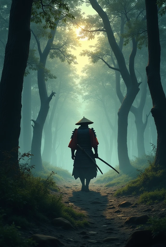 Environment: A small clearing in the forest, where the trees form a natural circle. The ground is covered in a thin mist, and the light from the setting sun barely reaches this secluded spot. The atmosphere is heavy, with a sense of impending danger.
Lighting: The clearing is dimly lit, with the last rays of sunlight casting a faint, eerie glow. Shadows dance around the edges of the clearing as the mist swirls gently.
Character:

Kuro: Standing in the center of the clearing, Kuro is still dressed in his traditional samurai armor. His black and red accents catch the minimal light, emphasizing the wear and tear on his gear. His straw hat (kasa) remains slightly tilted, partially concealing his face, with only his eyes visible—sharp, focused, and scanning the surroundings for any threat.
Movement: Kuro halts his steps as he senses something is wrong. His hand slowly moves to the hilt of his katana, ready to draw it. His posture is tense, muscles coiled like a spring, prepared for whatever may emerge from the shadows.
Atmosphere:

Sound: The forest has gone unnaturally silent. No wind, no rustling leaves—only Kuro’s controlled breathing can be heard, heightening the tension.
Creatures: The shadows around the clearing start to shift subtly, hinting at the presence of mysterious creatures. Their forms are not yet clear, but their movement is unsettling, as if they are circling Kuro, waiting for the right moment to strike.