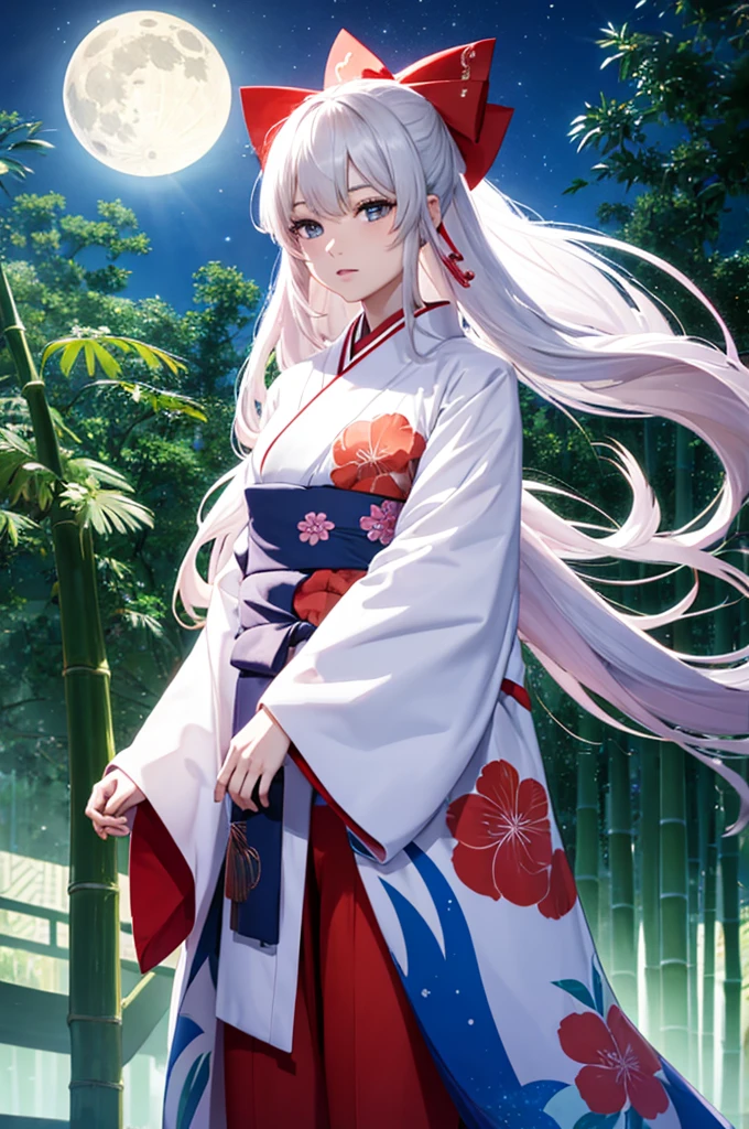 an animated image of an asian girls wearing a kimono and bamboo trees with an astro background, bamboo, 1girl, fujiwara no mokou, solo, long hair, japanese clothes, moon, red pants, blue eyes, full moon, night, bangs, sash, kimono, bamboo forest, wide sleeves, white kimono, long sleeves, sky, white hair, looking at viewer, outdoors, bow, obi, hair bow
