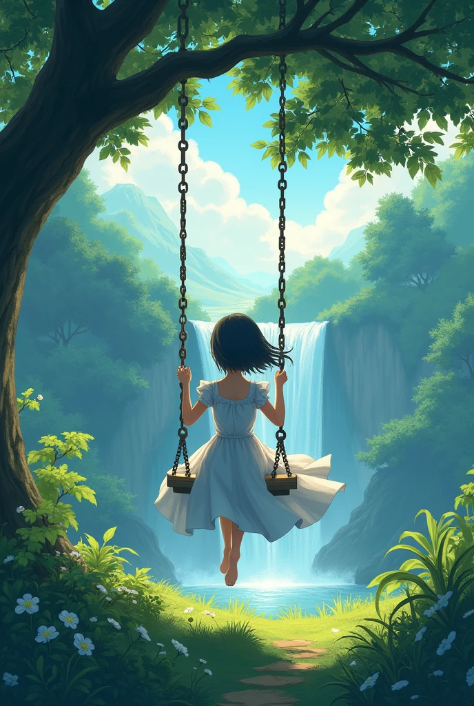 anime landscape of a girl short hair on a swing on a tree, backside not see face only see hair anime nature wallpaper, image in waterfall and aesthetic should be 
beautiful anime scene, anime dress should be frock or long 
 beautiful peace scene, makoto shinkai cyril rolando, beautiful anime scenery, amazing wallpaper, anime art wallpaper 8k, animated background, animated background art, 4k anime wallpaper, anime art wallpaper 4k, anime art wallpaper 4k, swing on a tree