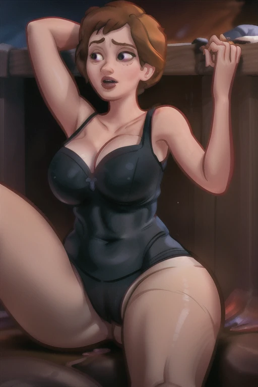 Photo of Anna of Arendelle wearing tight, opaque pantyhose, immobilized by tentacles, camel toe, in a dark, flooded cave , not having fun, frightened look, close up, tentacle invasion, tentacles wrapped around arms and legs, immersed in waters