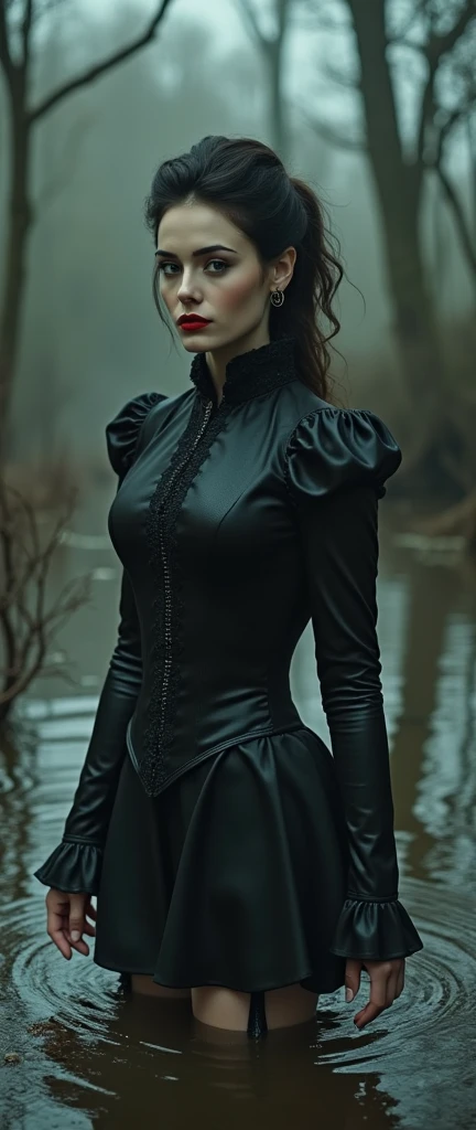drama, stuck in bog,high-neck style, closed dress, short mini-dress, hips, high-neck dress, aristocratic hairstyle, stockings with garters, red lips, goth, aristocratic behaviour