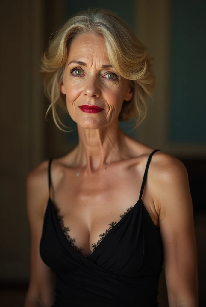 65 year old woman, blond, saggy breasts, (Black evening dress with spaghetti strap),sexy red lipstick, detailded,natural breasts, へそ, libero, (((shoulders))), greeneyes, natural breasts, photo realist,sexy leg tape,wrinkles, Streaks, (((cellulite))), The most real photo possible,-seed 456734