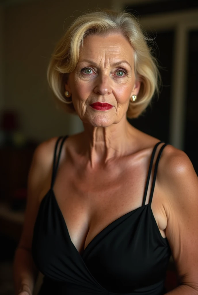 65 year old woman, blond, saggy breasts, (Black evening dress with spaghetti strap),sexy red lipstick, detailded,natural breasts, へそ, libero, (((shoulders))), greeneyes, natural breasts, photo realist,sexy leg tape,wrinkles, Streaks, (((cellulite))), The most real photo possible,-seed 456734