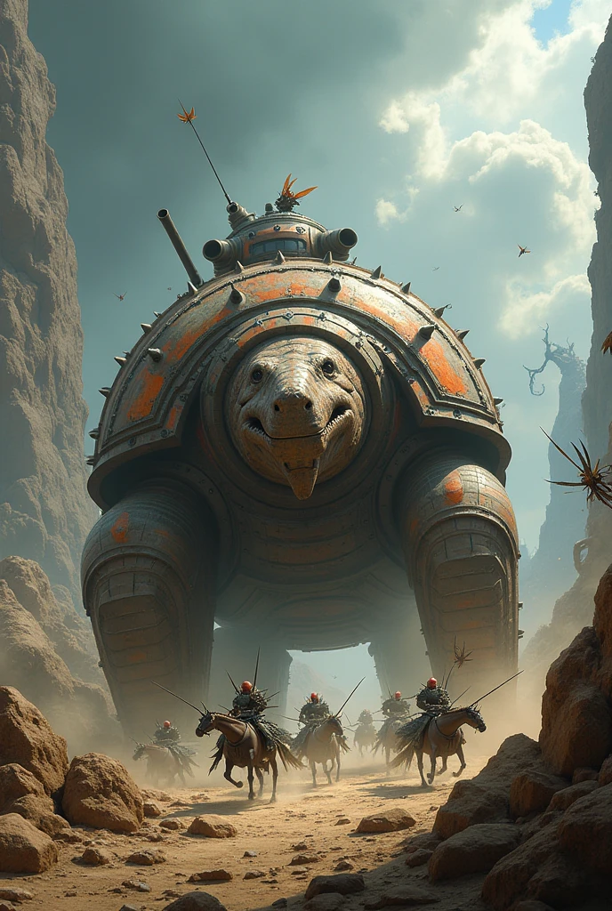 Giant Armadillo Tank、 A group of locust cavalry attacking a tank, Detailed and dynamic, Fantasy Art