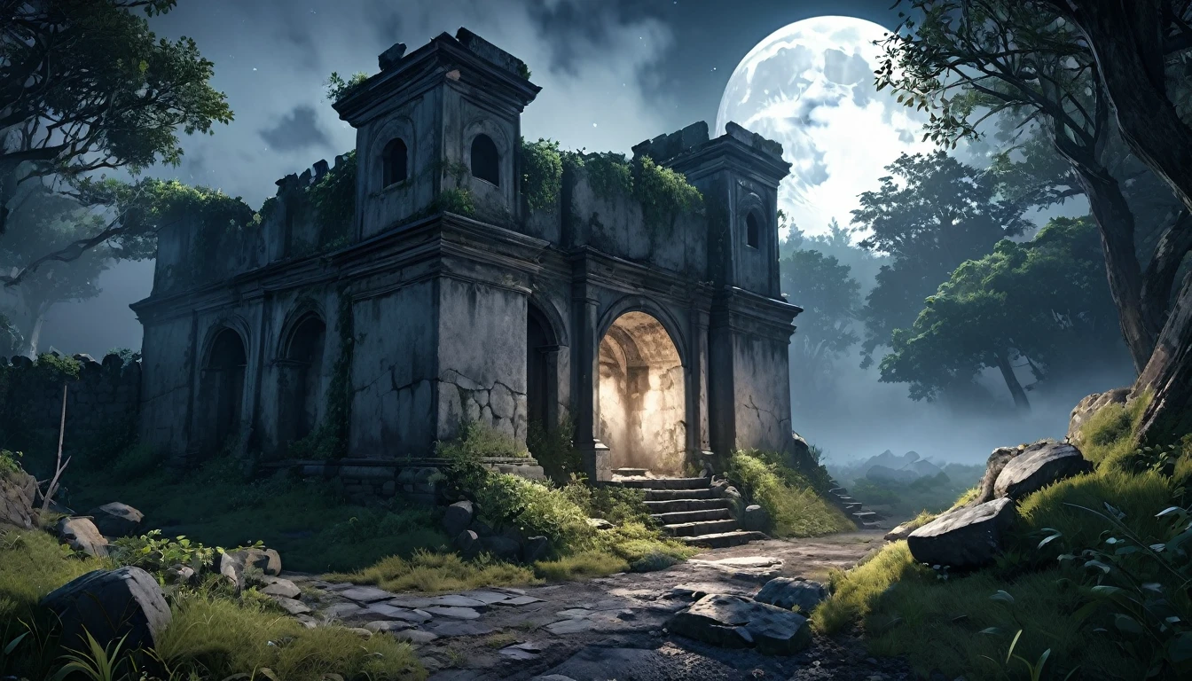 A small moon in the night sky, an abandoned old battlefield, anime style, (best quality,4k,8k,highres,masterpiece:1.2),ultra-detailed,(realistic,photorealistic,photo-realistic:1.37),cinematic lighting,dramatic shadows,moody atmosphere,detailed textures,medieval ruins,crumbling stone walls,overgrown vegetation,full moon,stars in the night sky,mist,fog,eerie ambience