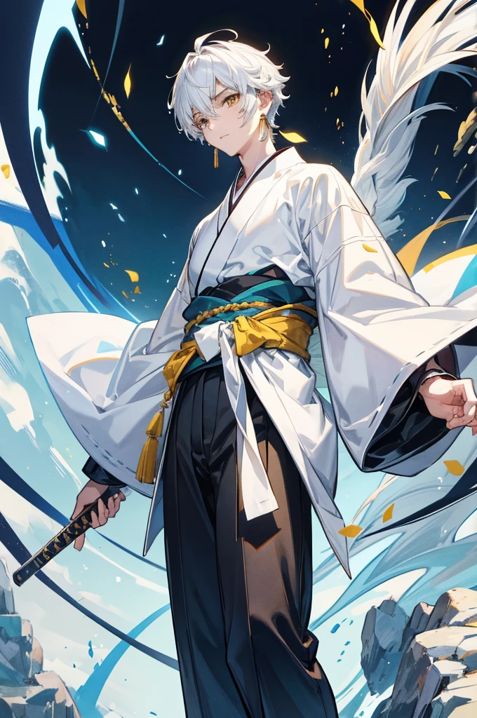 Highest quality, 16K, masterpiece :1.3　Ultra High Resolution　　No abnormalities in detail　Detailed face　boy　Male　neutral　cool　Small stature　White hair reaching down to the eyes　Yellow Eyes　kimono　Carrying a Japan sword on his waist　Tight eyes　Wearing earrings　Male　laughing　Black and white kimono　ephemeral　The whole body is visible　boyish　No background　Magical Beauty　Male　顔がcool　
