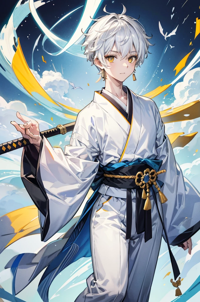 Highest quality, 16K, masterpiece :1.3　Ultra High Resolution　　No abnormalities in detail　Detailed face　boy　Male　neutral　cool　Small stature　White hair reaching down to the eyes　Yellow Eyes　kimono　Carrying a Japan sword on his waist　Tight eyes　Wearing earrings　Male　laughing　Black and white kimono　ephemeral　The whole body is visible　boyish　No background　Magical Beauty　Male　顔がcool　