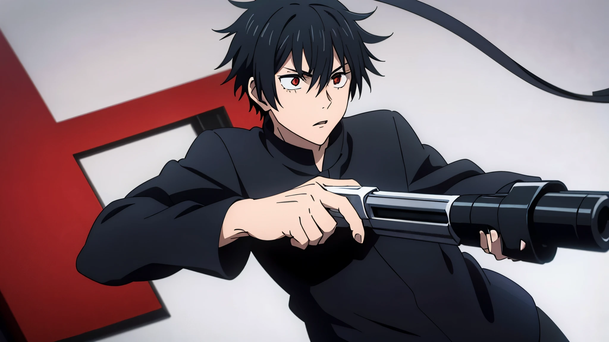 1boy, solo, teenage, black hair, red eyes, ahoge, cowlick, short haircut, black jacket, messy bangs, ahoge, pale skin, skinny, , gun in his hand, 4k