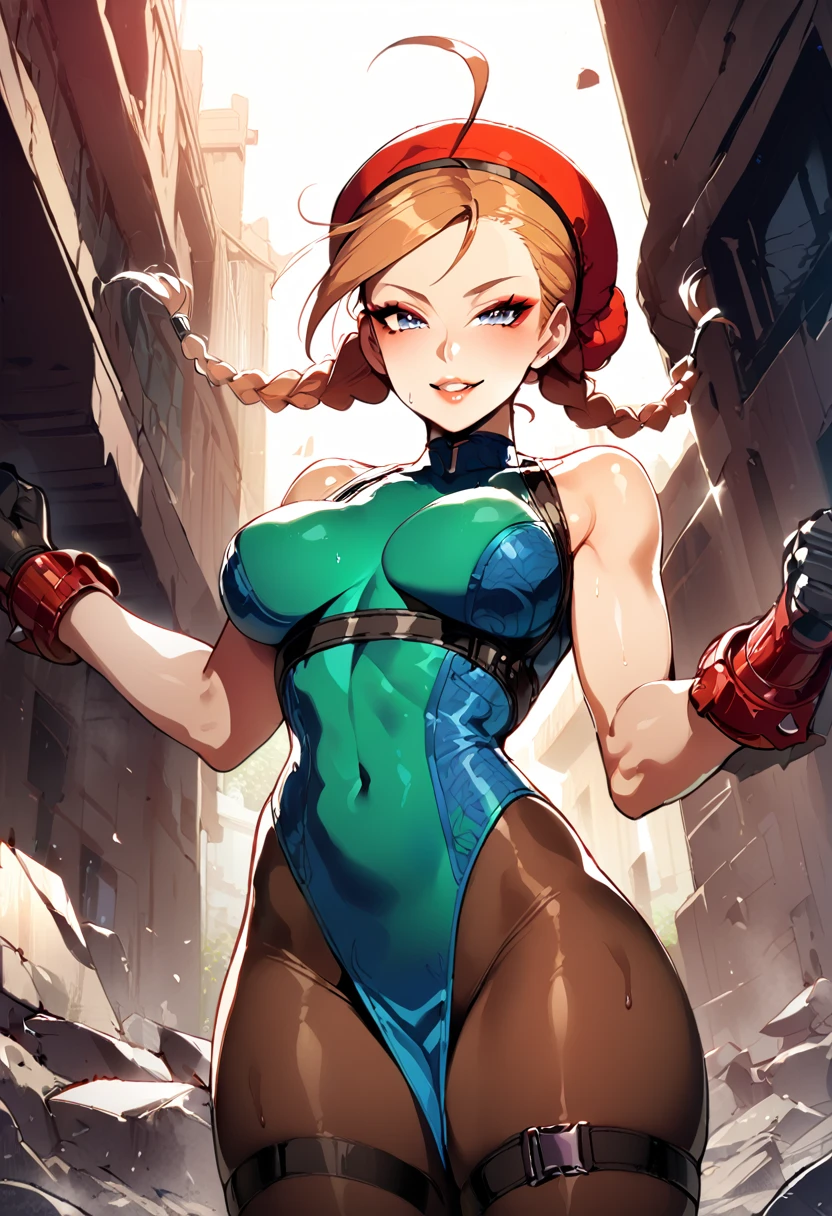 masterpiece,best quality,extreme detail,8k,cammyfn, 1girl, solo, long hair, breasts, blue eyes,brown blonde hair, large breasts, gloves, red hat, braid, ahoge, twin braids, leotard, lips, makeup, beret, scar, antenna hair, nose, harness, huge ahoge, green leotard,sleeveless, sweaty,sweat, exhausted,sleeveless,cross eye, full body , 1girl, (solo:1.2), (jumping:1.3), (mid air:1.3), (cowboy shot:1.5), smile, happy, (masterpiece:1.3), (best quality:1.3), (perfect anatomy:1.4), highly detailed, chun li, brown eyes, short hair, double bun, bun cover, blue dress, pelvic curtain, spiked bracelet, sash, brown pantyhose, (post fight scenery:1.3), rubble, outside, daylight, nyantcha, expressive faces, anime-inspired, (cell shading:1.2), lips, merging
