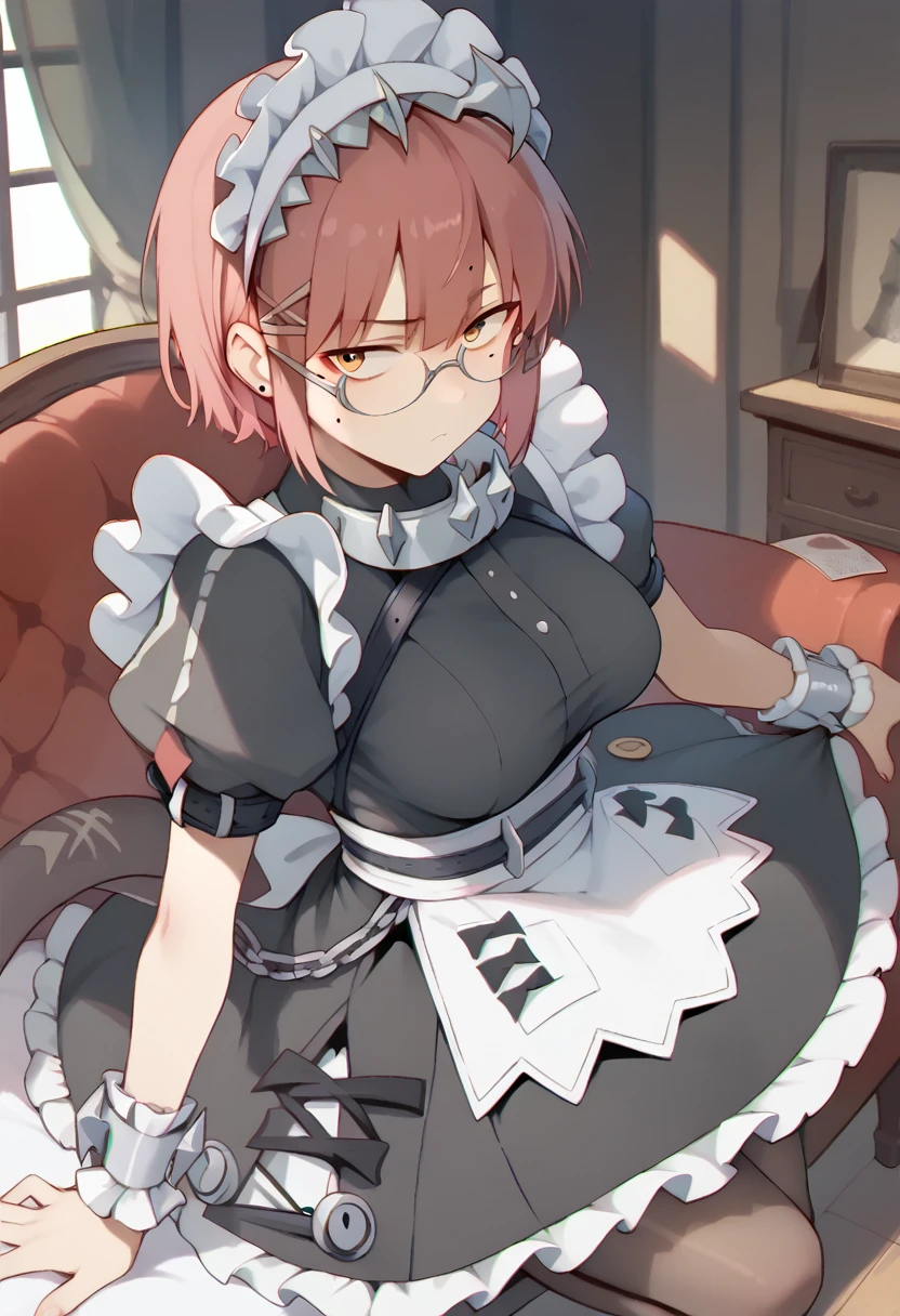 1girl,Kobayashi,maid_headdress,black_dress,wrist_cuffs,puffy_short_sleeves,mole_under_eye,frilled_dress,black_pantyhose,