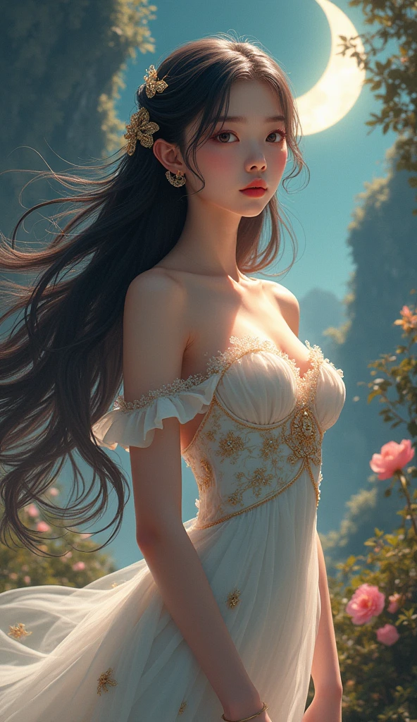 a beautiful anime girl, long flowing hair, detailed facial features, delicate porcelain skin, beautiful big breast, elegant posture, detailed dress, ornate moon in the background, detailed fantasy landscape, dramatic lighting, cinematic composition, vibrant colors, digital art, highly detailed, intricate details, masterpiece, photorealistic, 8k