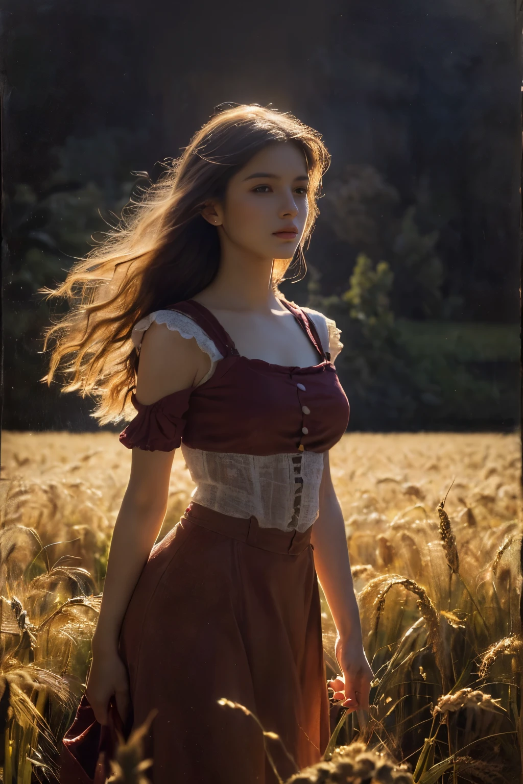 
((masterpiece:1.4, Highest quality)), (Realistic photos:1.4), (artwork), 
((1 girl)), (Otherworldly beauty), (dream-like), ((1 girl, Realistic photos)),
(超High resolution:1.2), Very delicate and beautiful, wonderful, Very detailed CG Unity 8k wall paper, Very detailed, High resolution, 
Soft Light, Beautiful detailed girl, Very detailed eyes and face, Beautiful and detailed nose, Beautiful and detailed, 
(Portrait of a French peasant girl, late 19th century:1.3), (Wheat field), (harvest),
Cinema Lighting, Perfect Anatomy, Slender body, (Parted bangs),
(The world of Barbizon painting:1.5), (「Supper Bell」), (Evening Scenery), (Long, stretched shadows),
(The silhouette of the girl's entire body:1.5)