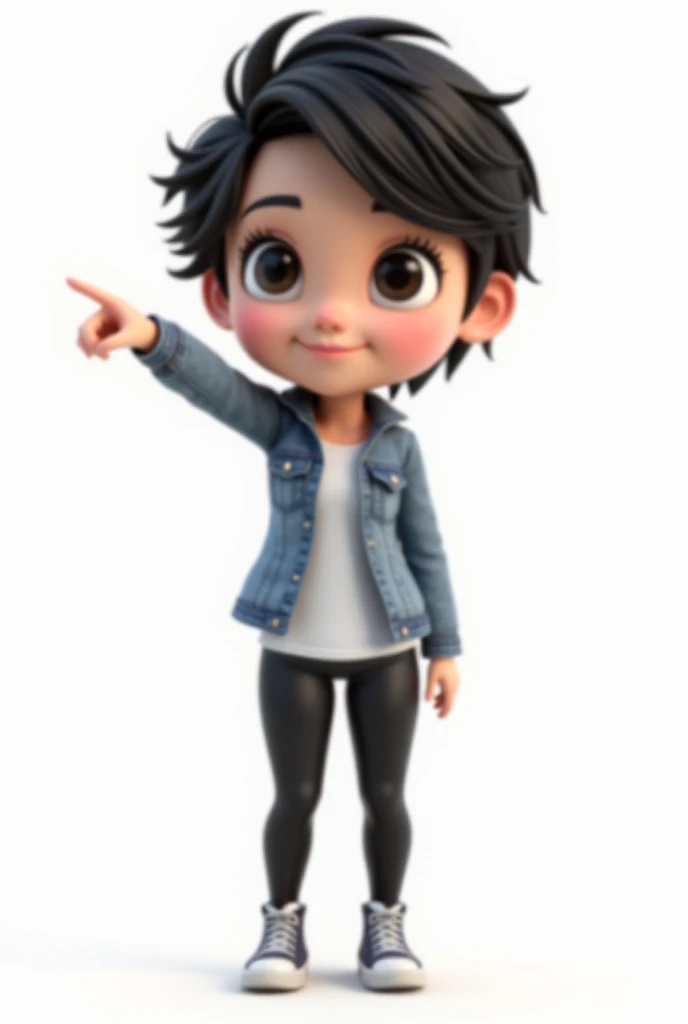 3D Cartoon, Female, Very short black hair, black eyes, wearing a white shirt and denim jacket, black leggings, sneakers, white background, pointing to the left side and looking forward.