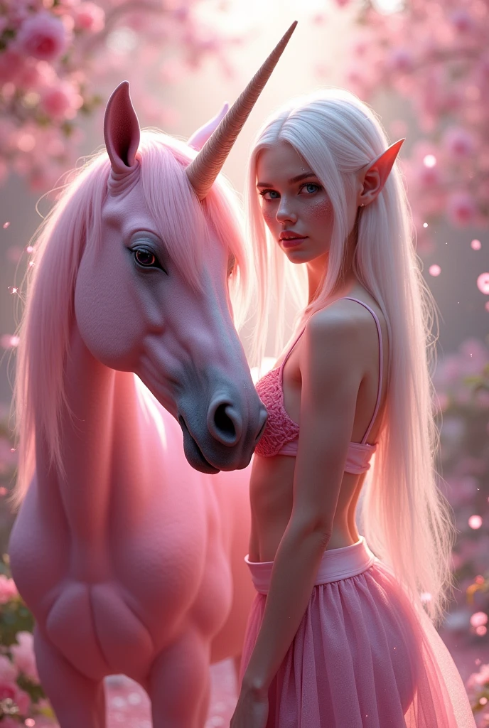 Hyperrealism cinematic film still, 8K, highly detailed and realistic. In an enchanting, pink-toned magical garden, a breathtakingly beautiful albino woman with striking blue eyes and delicate freckles on her face stands next to a majestic pink unicorn. The air shimmers with glitter and gossamer threads, while soft fairy lights cast a gentle glow. The scene is adorned with an abundance of glitter and sparkles, creating a surreal and captivating ambiance. Everything feels otherworldly, magical, and dreamlike, elf ears, cleavage, thigh, short skirt, sexy