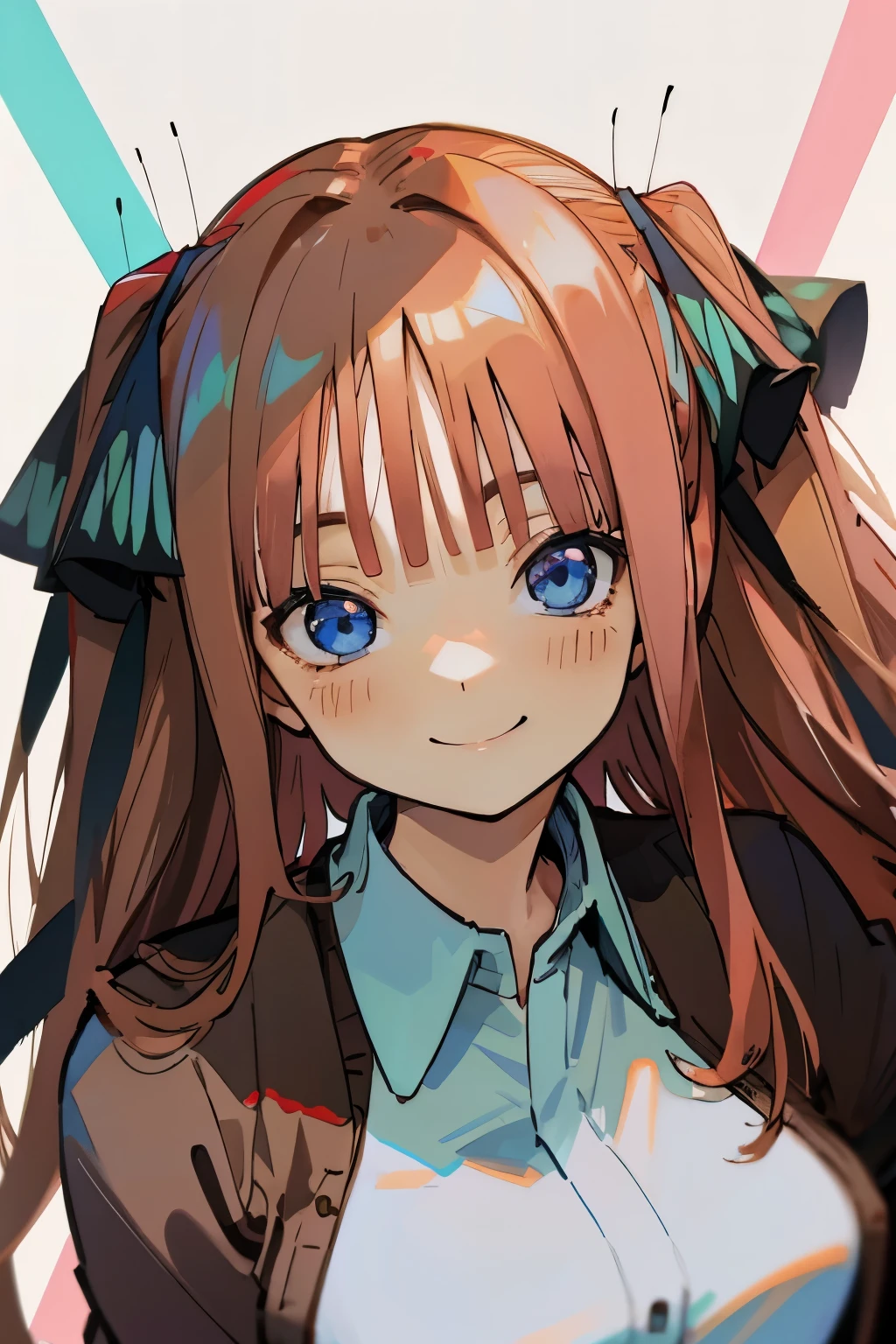 miku nakano、Brown Hair、Blue cardigan、White shirt、smile