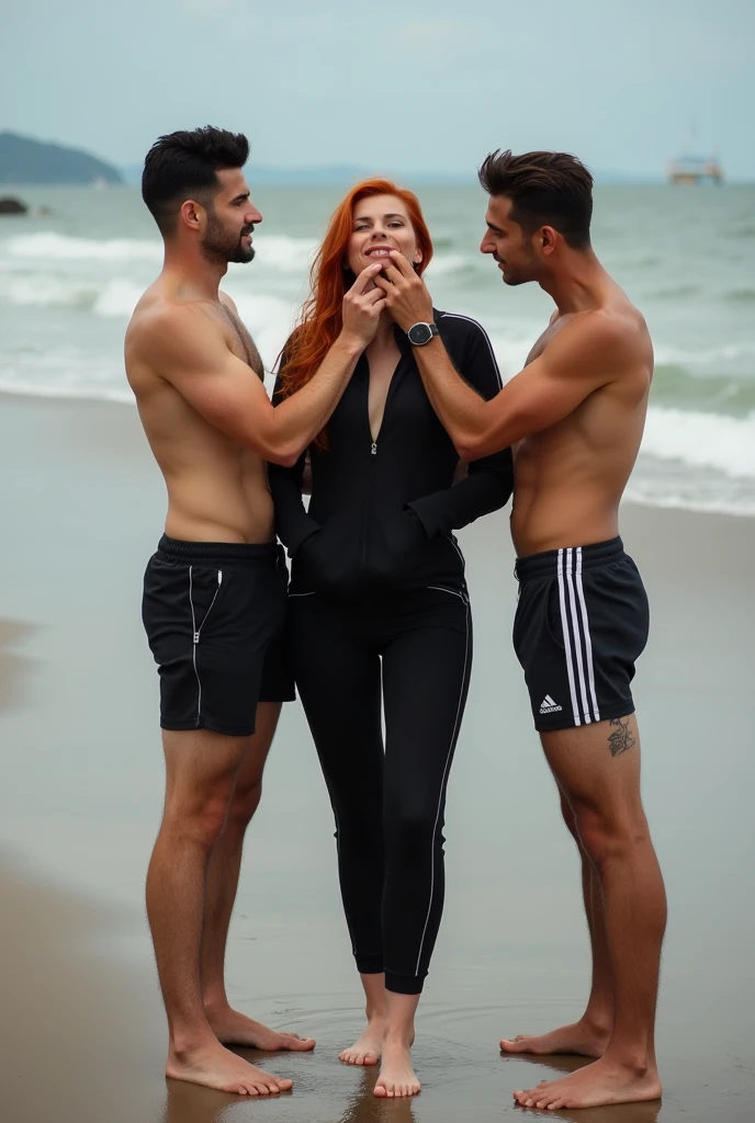 On the beach, Red-headed, sexy, barefoot, woman in black tracksuit. 2 men touching her jaw