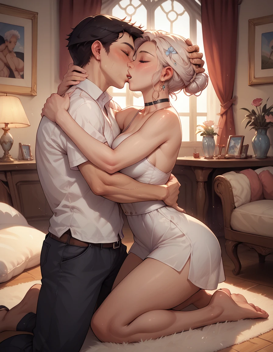 score_9, score_8_up, score_7_up, 1boy, 1girl, female, , hug, kiss, hand on head, kneeling, in a room
