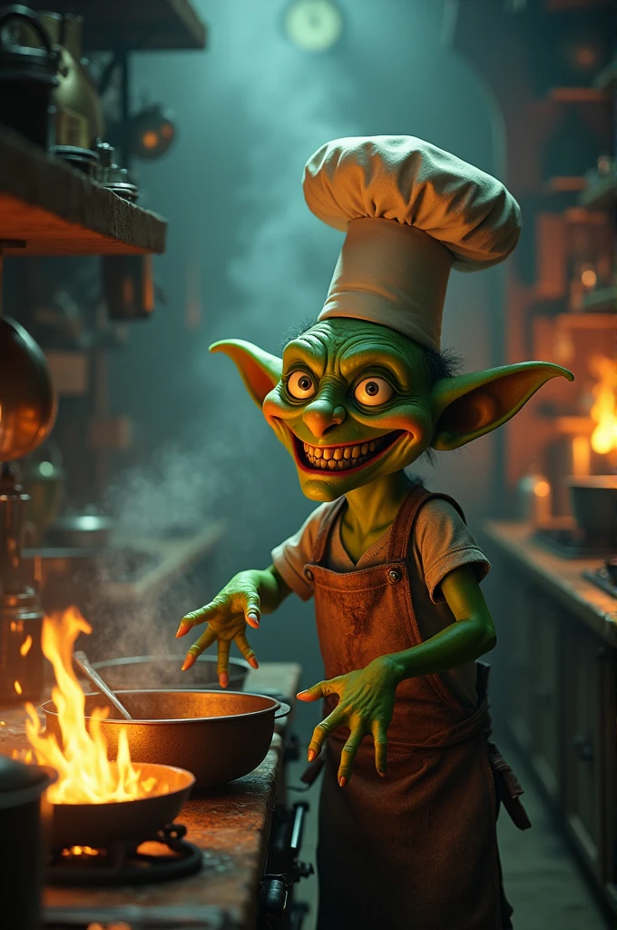 A whimsical and slightly sinister goblin chef with green skin and exaggerated features,wearing a tradition chef's hat and a stained apron.
He has a wide,toothy grine and mischievous eyes,surrounded by a dimly kitchen filled with post and flames.
The atmosphere is smoky and mysterious,with a focus on the chef's playful yet eerie demeanon capturing the essence of a fantasy cooking scene high detail,cinematic lighting and a moody background