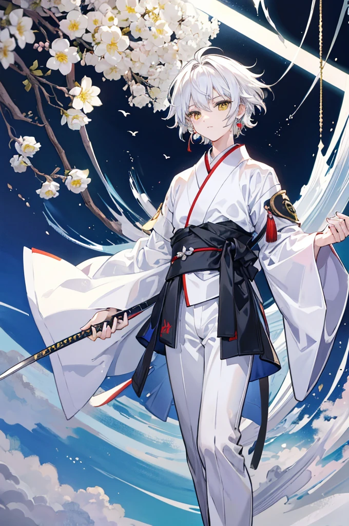 high quality, 16K, masterpiece :1.3 Ultra High Resolution No abnormalities in detail Detailed face boy Male neutral cool Small stature White hair reaching down to the eyes Yellow Eyes kimono Carrying a Japan sword on his waist Tight eyes Wearing earrings Male laughing Black and white kimono ephemeral The whole body is visible boyish No background Magical Beauty Male 顔がcool