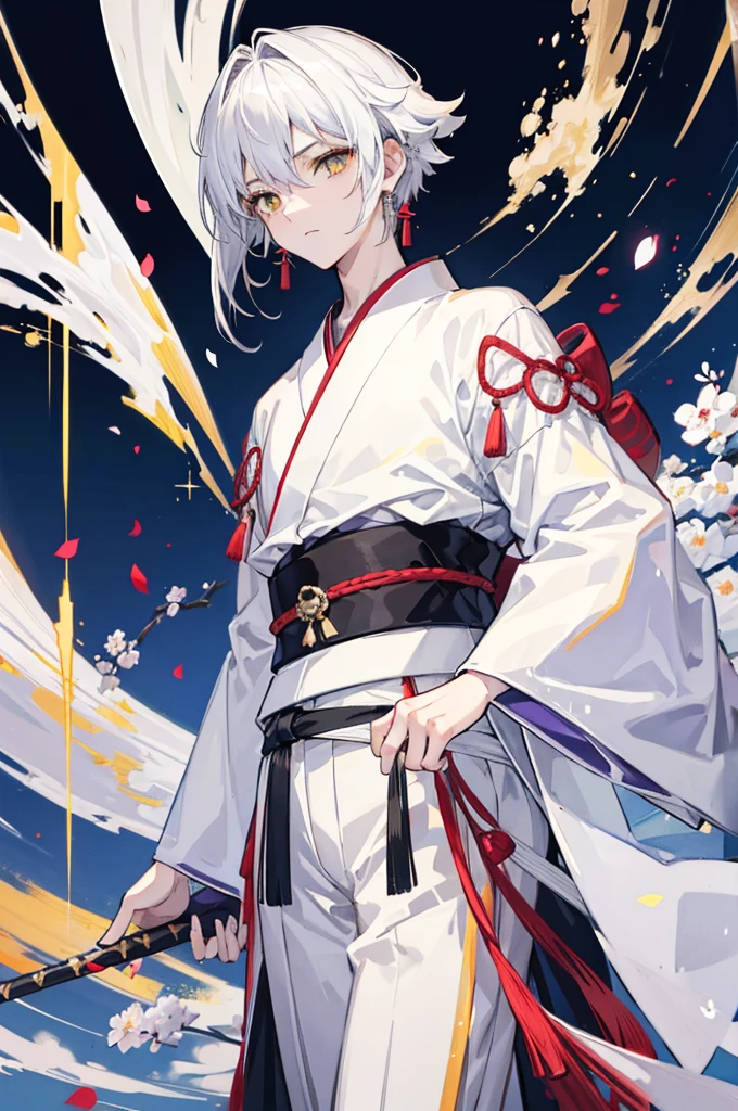 high quality, 16K, masterpiece :1.3　Ultra High Resolution　　No abnormalities in detail　Detailed face　boy　Male　neutral　cool　Small stature　White hair reaching down to the eyes　Yellow Eyes　kimono　Carrying a Japan sword on his waist　Tight eyes　Wearing earrings　Male　laughing　Black and white kimono　ephemeral　The whole body is visible　boyish　No background　Magical Beauty　Male　顔がcool　