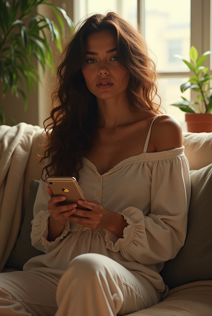 (photorealism:1.2), beautiful woman, sitting hold mobile phone, wearing loose off-shoulder top, pajama pants, long curly hair, indoors, soft lighting, plants in background, window with sunlight, cozy room, relaxed pose, realistic, intricate details, warm colors, by Greg Rutkowski, by Alphonse Mucha