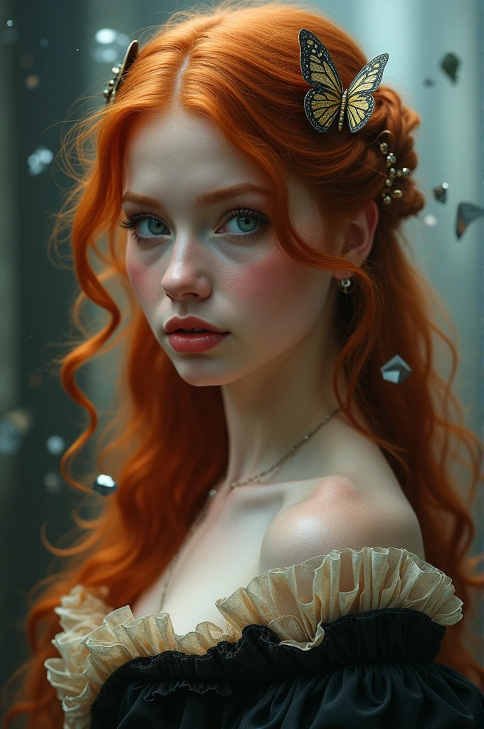 (solo, full body photo:1.3), (action packed:1.3), (haze, fog, mist:1.3), chiaroscuro, best quality, photorealistic, 1woman, (cute), (24yo:1.2), redhead, long ginger hair highly detailed, 1700'S, digital photography, art by artgerm and ruan jia and greg rutkowski surreal painting gold butterfly filigree, broken glass, (masterpiece, sidelighting, finely detailed Fashionable eyes: 1.2) (perfect oval large eyes that gazes at the viewer), beautiful detailed face, blue gorgeous perfect eyes, (blonde hair ponytail), (attractive young woman:1.3), (thick amazing hair), (seductive:1.1), (blushing:1.1)