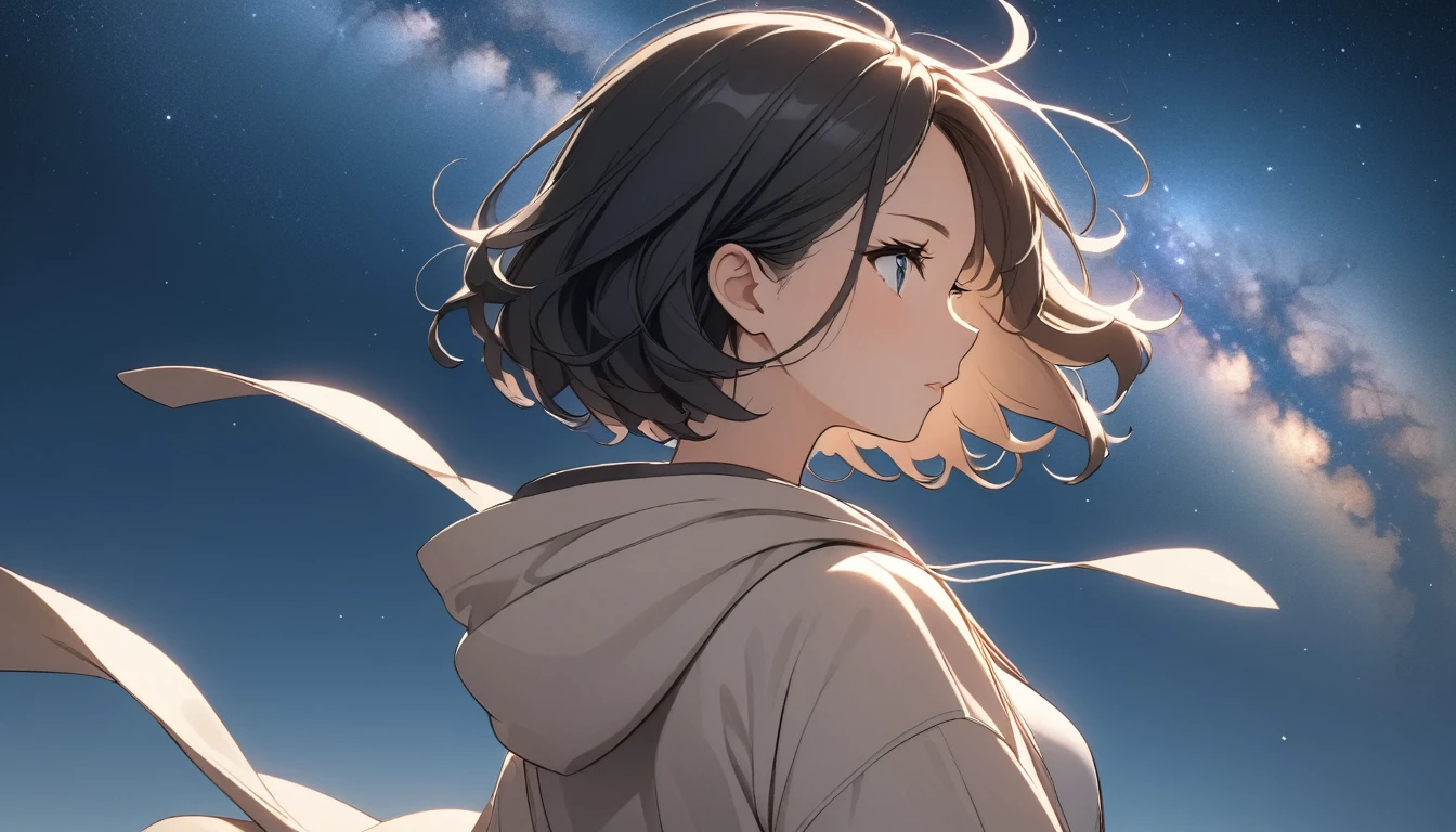 Starry Sky、milky way、One woman、Black Hair、Short Hair、Hair blowing in the wind、profile、Wearing a hoodie、Back view、Upper Body、Low - Angle