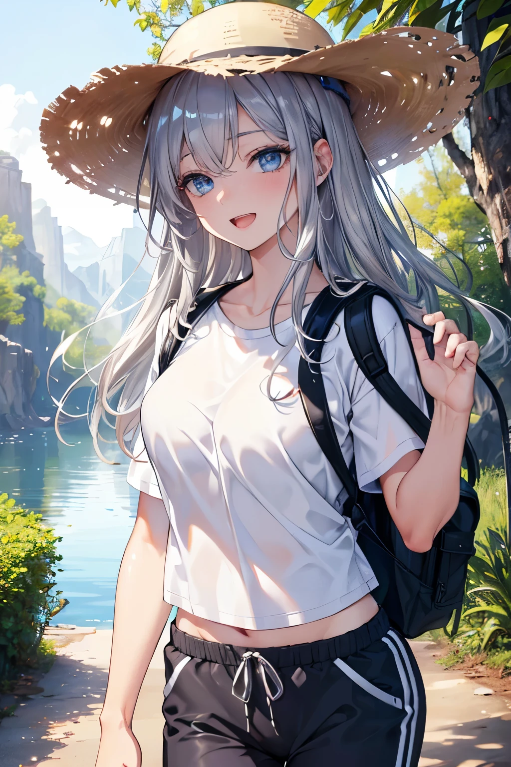 (Best quality,4K,8K,High resolution,Masterpiece:1.2),Super detailed,(Actual, Realistic),highly detailed, top quality, soft skin,Portrait,
break,
((Beautiful clear blue eyes:1.2)),very kind eyes,eyes wide open,beautiful eyelashes,beautiful lower eyelashes,slender body,
break,
((Beautiful and shiny silver hair:1.3)),A dazzling smile, a bursting smile, an open mouth laugh,
break,
very happily,Backpack,T-shirt,jogger pants,safari hat,hiking,zoom in