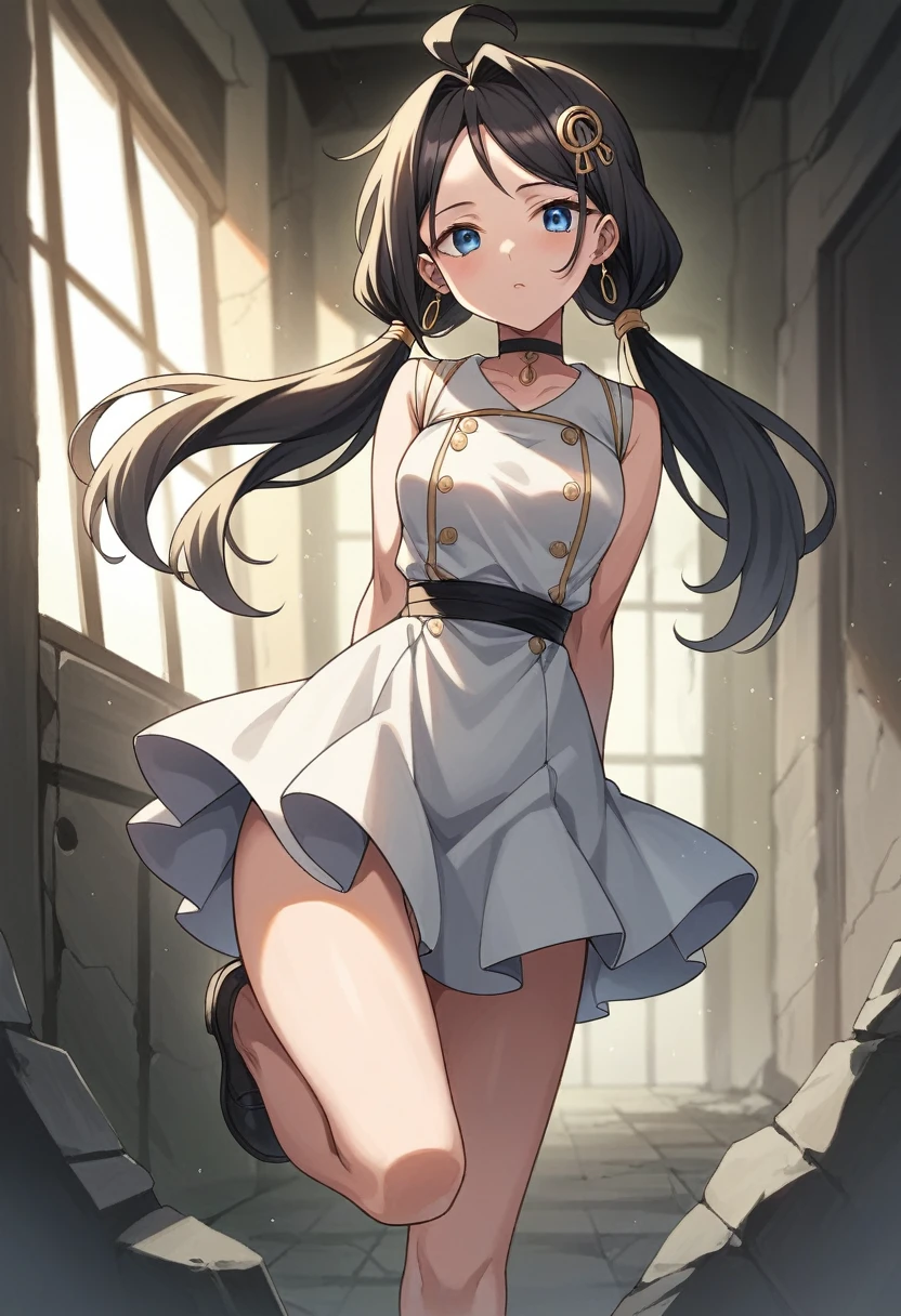 score_9, score_8_up, score_7_up, score_6_up, score_5_up, score_4_up, BREAK source_anime,hina_xl, 1girl, black hair,twintails, blue eyes, low twintails,hair ornaments, dress, gloves, black choker, jewelry, earringsmdynamic pose,Cowboy Shot、Beautiful thighs、Highly detailed face, Perfect lighting, Highly detailed CG, (Perfect hands, Perfect Anatomy, dynamic pose,abandoned building,arms behind back,standing on one leg,best quality,masterpiece,highres,absurdres,1girl,solo,newest,rating: general,perfect hair, perfect eyes, perfect face