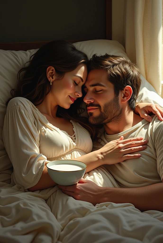 A woman lies beside her husband and rubs his head while giving him milk
