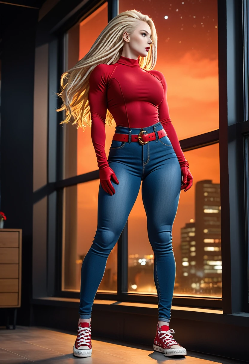 BOMBSHELL BLONDE WOMAN, WARRIOR FEMALE ON BLUE JEANS JUMPSUIT, VERY PALE SKIN, BLUE EYES, HIGH CHEEKBONES, ROSY CHEEKS, MENTAL FORAMEN, HUGE LONG BLONDE HAIR, DREAD HAIRSTYLE, LONG JEANS DREADS ON LONG BLONDE HAIR, THONG LEOTARD, RED LONG SLEEVES SHIRT, JEANS BODYSUIT, NECK BODYSUIT, RED GLOVES, RED BELT, GOLD BUCKLE, RED CONVERSE ALL STAR SHOES, ATHLETIC CURVY BODY, DETAILED QUADRICEPS, THICK THIGHS, MUSCLES, SIDE BODY VIEW, FULL BODY PERSPECTIVE, DARK HALL, HUGE WINDOWS, NIGHT SKY, ACCURATE IMAGE, MASTERPIECE.