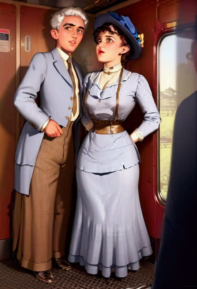 (masterpiece), (realistic), (((NSFW))). (ultra hd 8k), (realistic body proportions) very old wrinkled, white-haired man (69yo) in a business suit pushing his chest against the back of a very hot small curvy young blonde teen Gibson Girl (****) wearing an elegant, stylish blue 1900_dr3ss (high-collar long sleeve shirtwaist, decorated wide-brimmed hat, wasp waist, bubble butt, petticoats, stockings, boots) inside a very crowded train. Edwardian setting. Harassment. (((Chikan, spooning))). (((Man one head taller than girl))). (1girl, 1man)