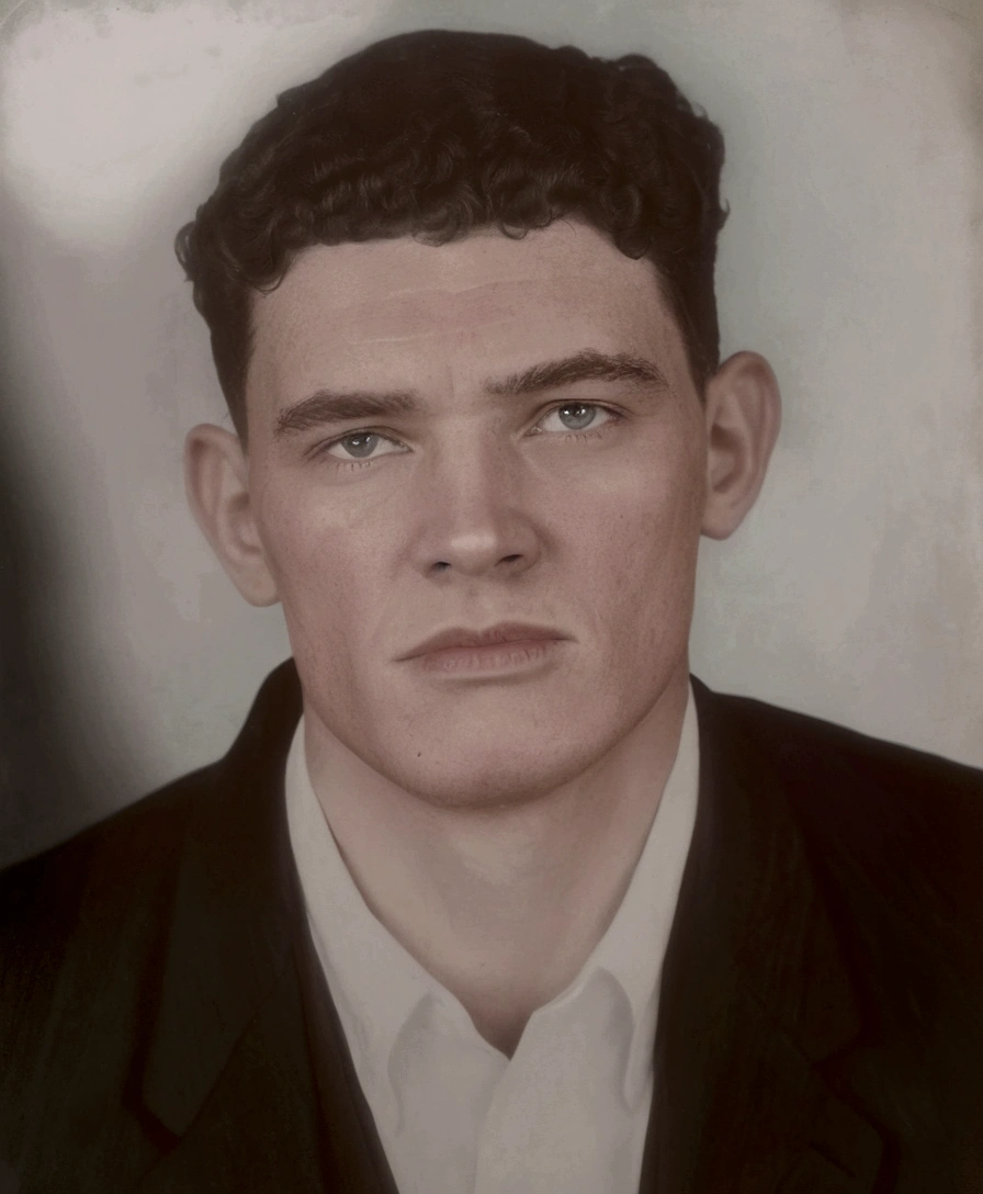 there is a man with a black suit and a white shirt, realistic old photo, a colorized photo, realistic restored face, digital art but photo, colourized, colorized photo, realistic old photograph, inspired by Andrew Robertson, colourised, realistically rendered face, grainy photorealistic, colorized photon, coloured photo, world war 2 portrait photo, colorized photograph