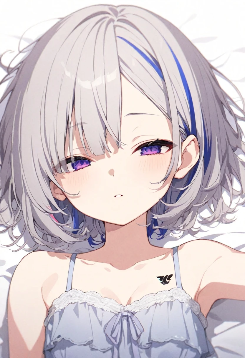 (muste piece), (best quality), (score_9, score_8_up, score_7_up), very detailed eyes, expressive eyes, perfect face, very detailed face, highly detailed face, beautiful girl, 8K, beautiful girl, (white background), delicate and beautiful face and eyes, dark intense shadow, Ultra-high resolution, Movie Lighting, (Fuji Color: 1.2) portrait, 1 girl, vtuber style, cool girl, hololive, vtuber, 1girl, amane kanata, multicolored hair, grey hair, short hair, purple eyes, messy hair, see-through:dress pajamas, blue bra, breast tattoo, small breast, soft breast, cleavage, clavicle, half-closed eyes, sleeping, breathing, (upper body), sleeping face, lying on bed, one arm on forehead, 