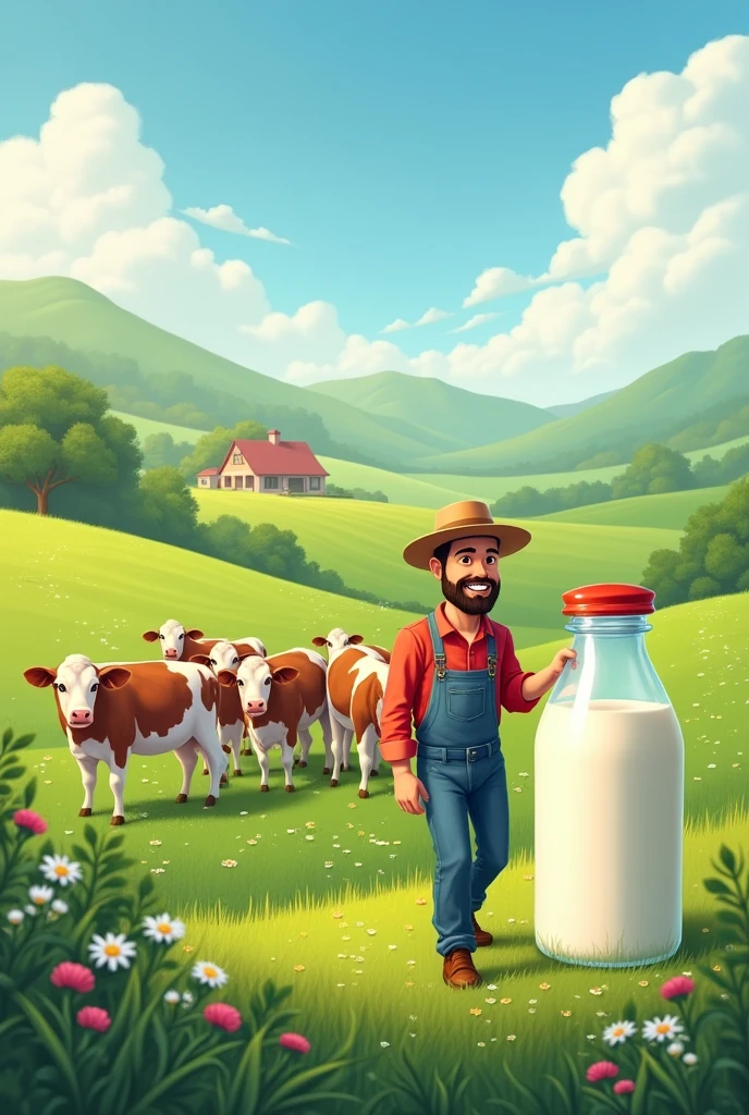 Pamphlets for krishna milk farm business with milk bottle and happy cow's on green grass field and happy milkman.