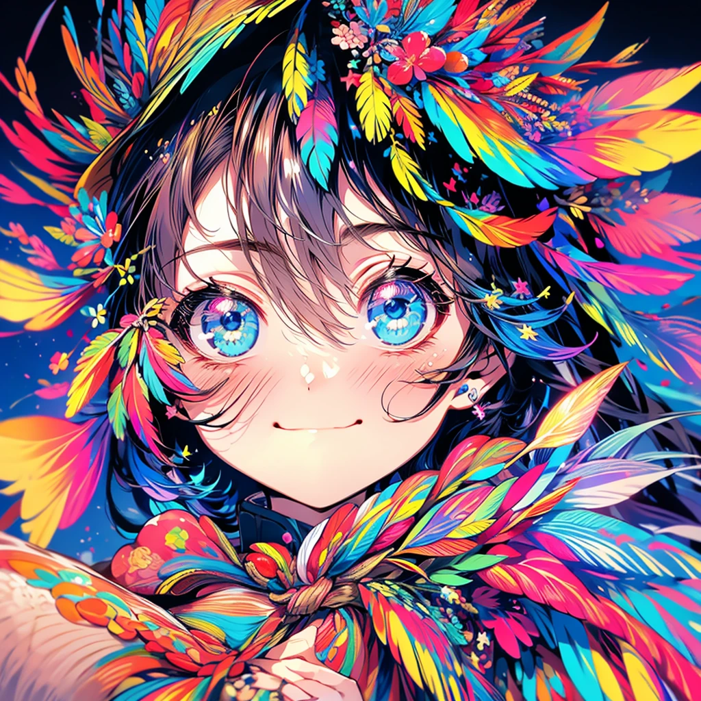 Masterpiece、Colorful Hair、Delicate eyes、smile、Tied up hair、Beautiful hair ornament、Upper Body、(((Embarrassed face)))、night、Ocean、firework