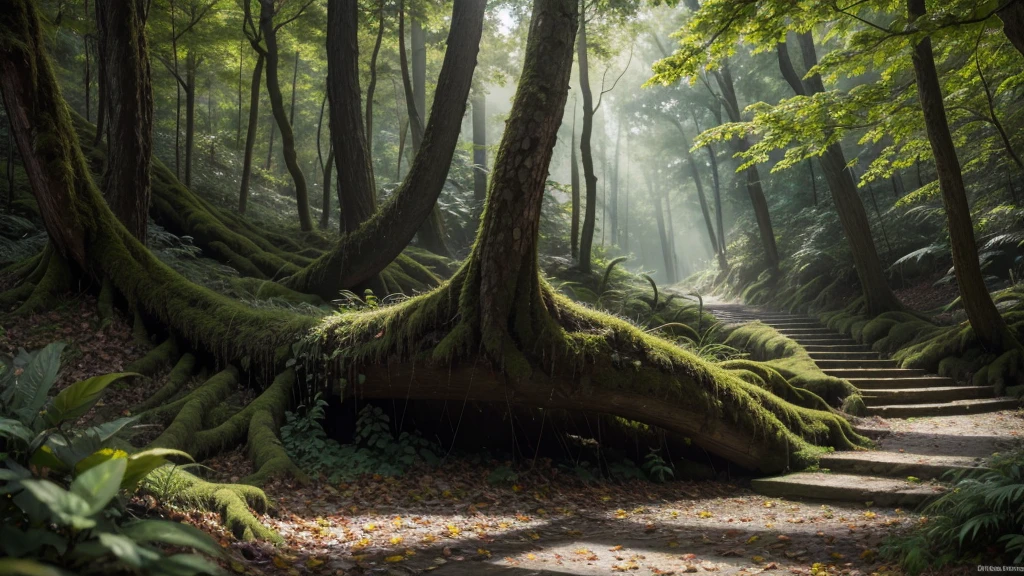 a lush, dense forest full of towering trees, two large trees in the center, no human presence, beautiful natural scenery, intricate details, dramatic lighting, vibrant colors, (best quality,4k,8k,highres,masterpiece:1.2),ultra-detailed,(realistic,photorealistic,photo-realistic:1.37),stunning forest landscape,dense foliage,dramatic shadows,warm sunlight filtering through the leaves,mossy tree trunks,fallen leaves,detailed bark textures,rich greens,deep shadows,dramatic contrast