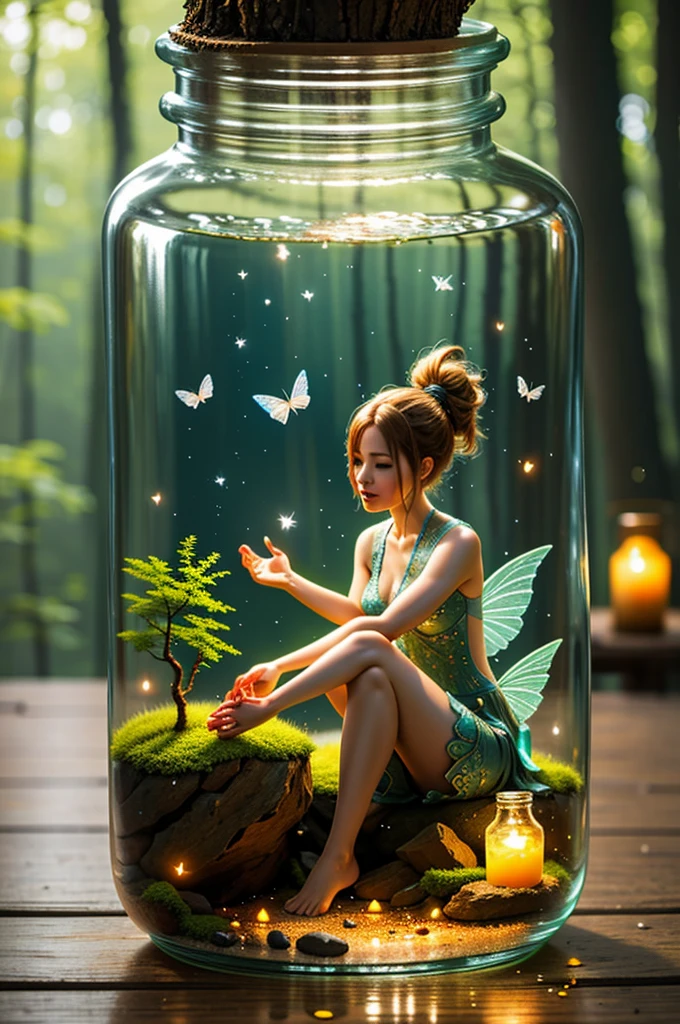 a glass bottle, there is a fairy inside the bottle,sexy fairy,taunt you, INSIDE THE WATER, water bubble, full of fireflies bottle,intricate details, masterpiece, UHD, sharp focus,sitting on floor,yoga pose